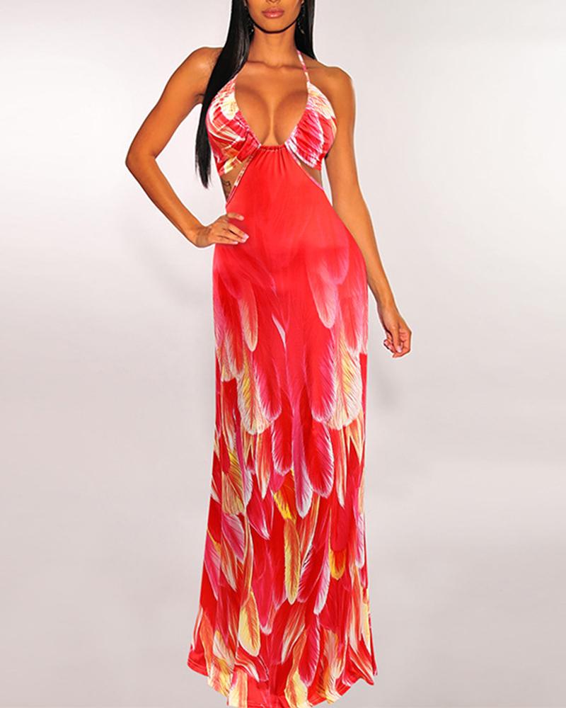

Multicolor Feather Cut-out Halter Sleeveless Maxi Dress, Red