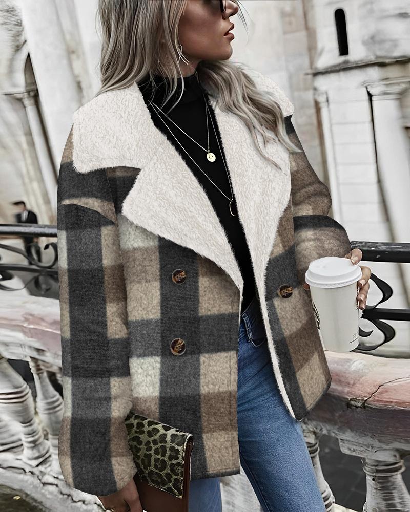 

Plaid Print Notched Collar Fuzzy Coat, Brown