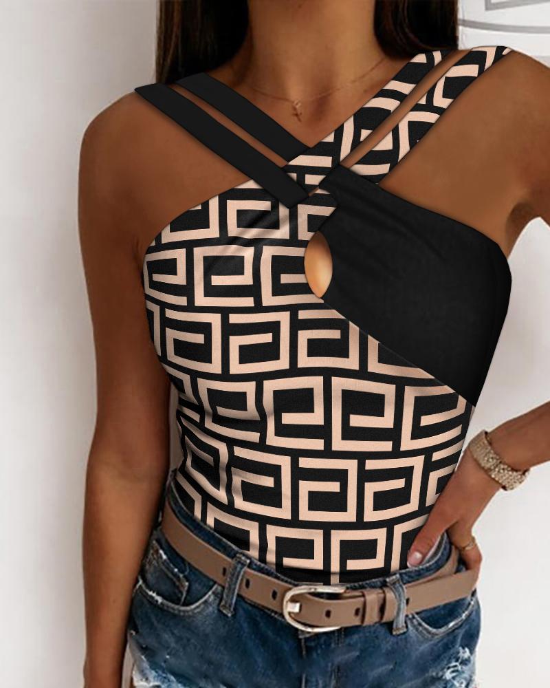 

Geometric Print Crisscross Halter Tank Top, Brown