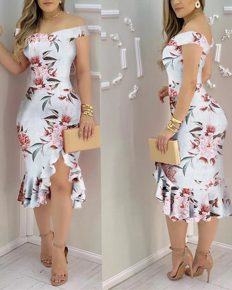 

Off Shoulder Slit Ruffles Floral Print Dress, White