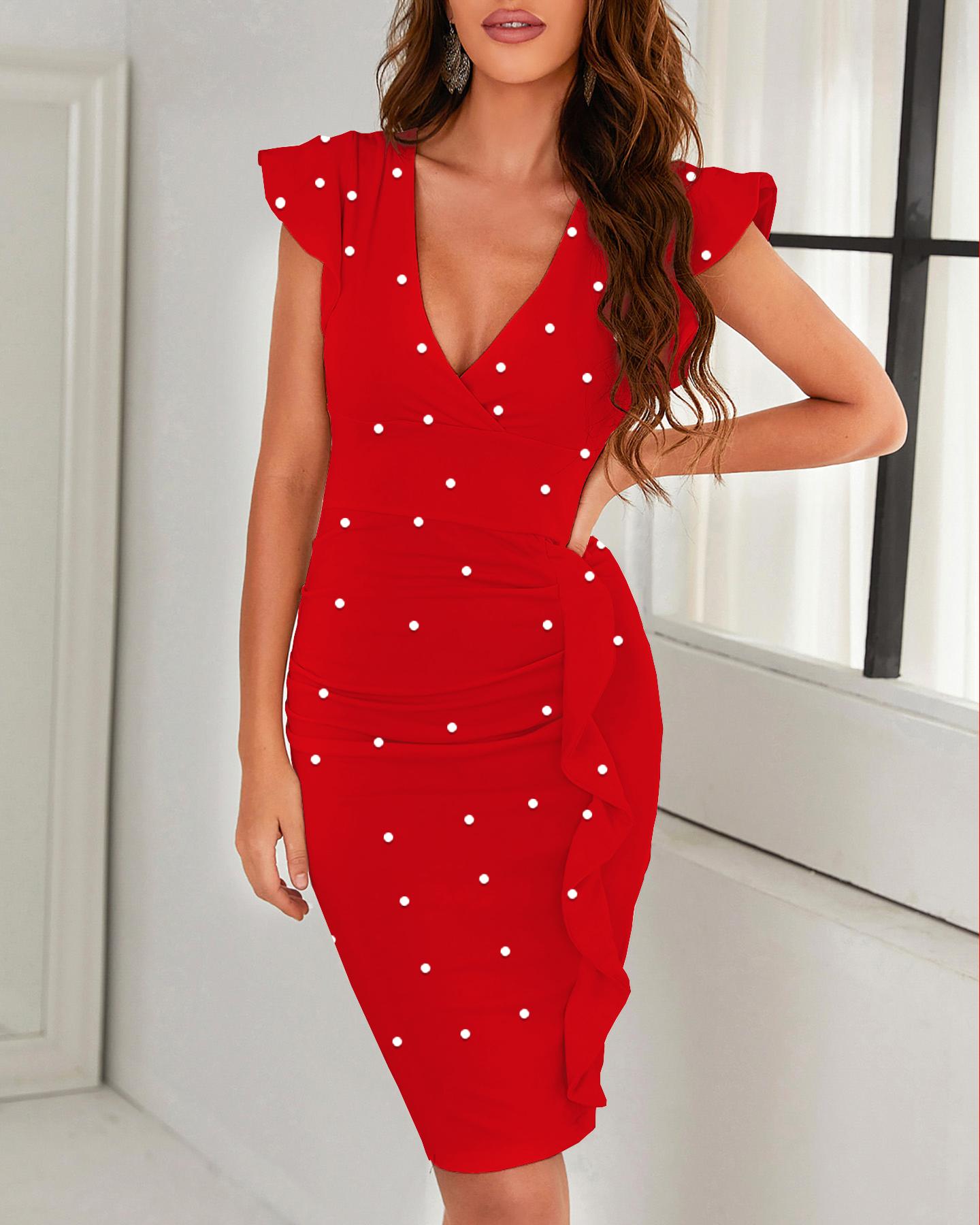 

Ruffle Hem Beaded Decor Ruched Bodycon Dress, Red