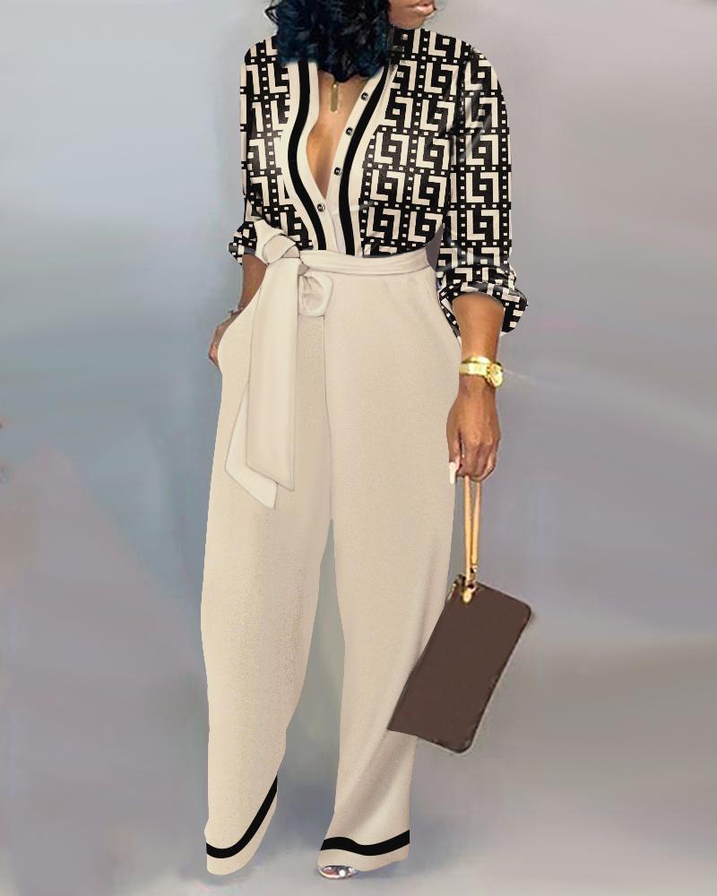 

Geometric Print Long Sleeve Belted Jumpsuit, Khaki