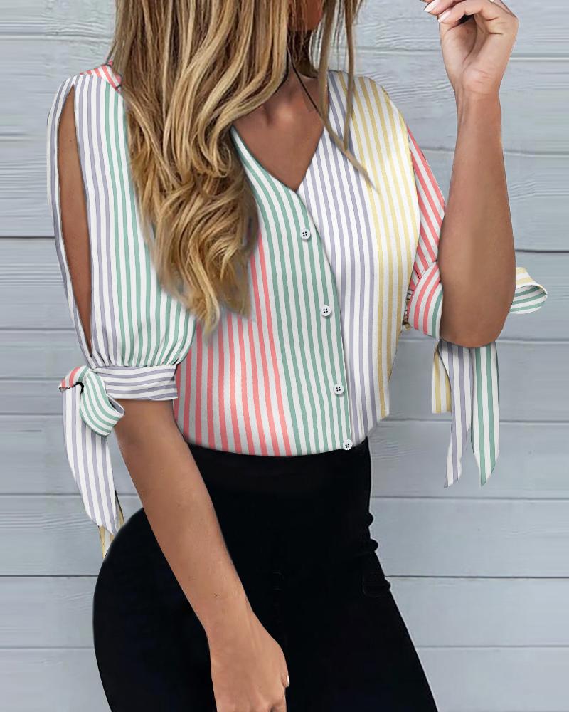 

Striped Print Split Knot Cuff Button Front Top, Multicolor