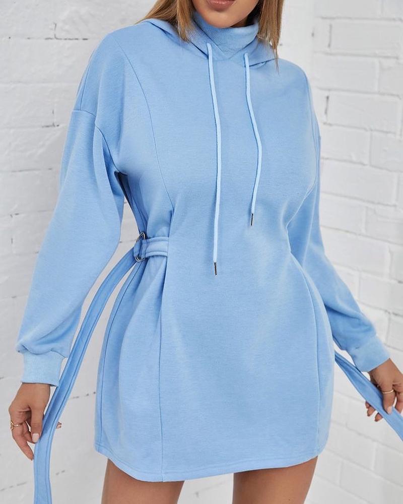 

Tied Detail Drawstring Long Sleeve Casual Dress, Blue
