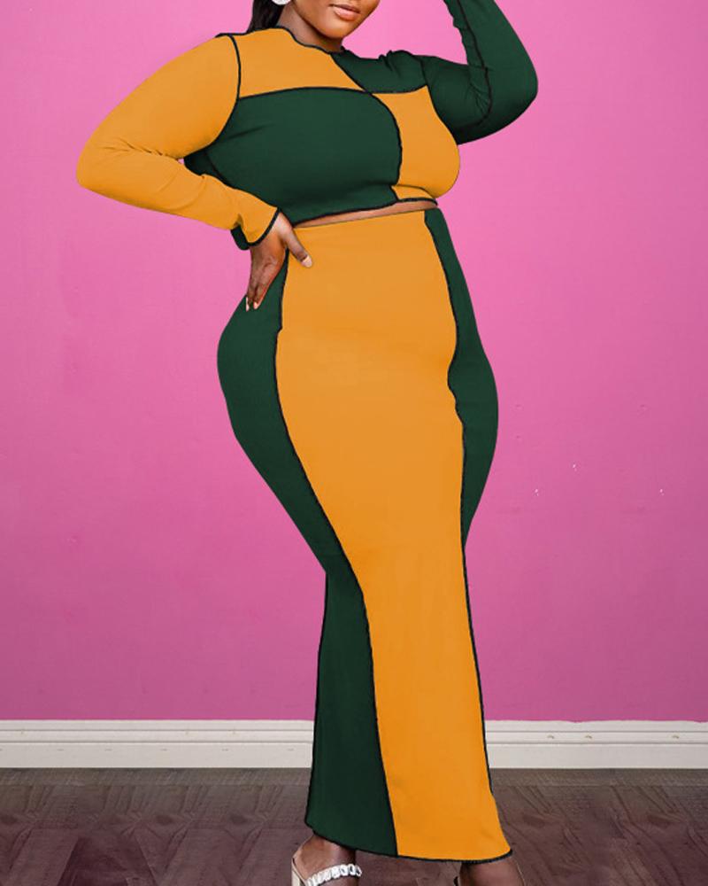 

Plus Size Colorblock Long Sleeve Crop Top & Skirt Set, Yellow