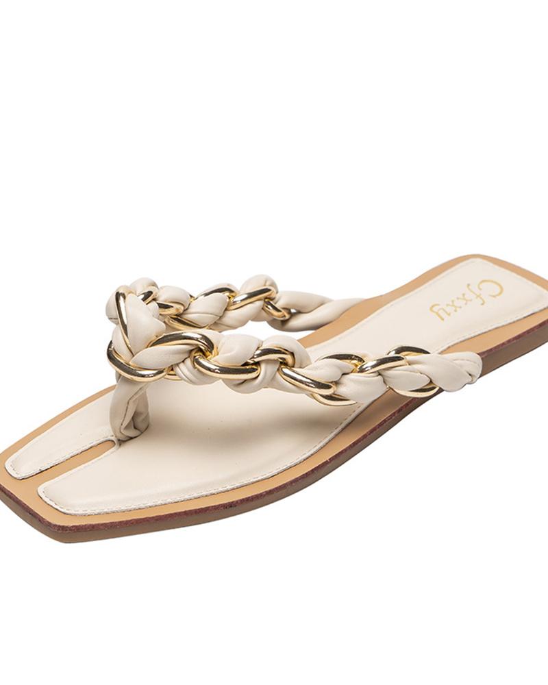 

Square Toe Casual Flip-Flops V-strap Flat Slippers, Apricot