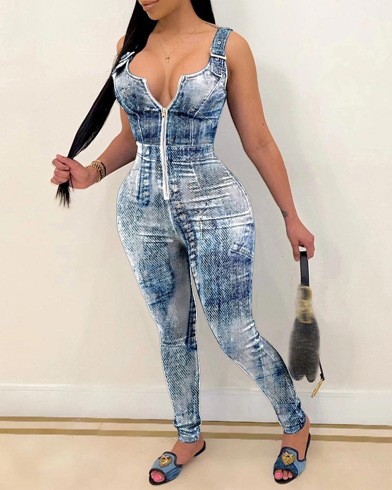 

Zip Front Eyelte Buckled Denim Pattern Print Suspender Jumpsuit, Blue