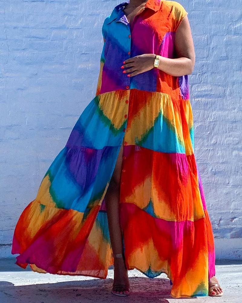 

Colorblock Button Front Swing Shirt Dress, Multicolor