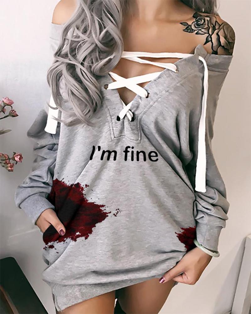 

Halloween Letter Blood Print Eyelet Lace-up Sweatshirt Dress, Gray