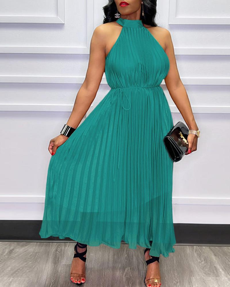 

Halter Sleeveless Chiffon Pleated Dress, Green