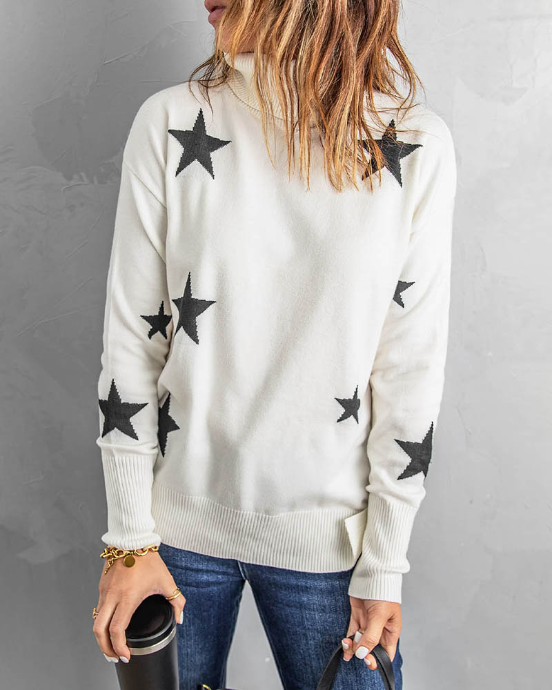 

Long Sleeve Star Print High Neck Sweater, White