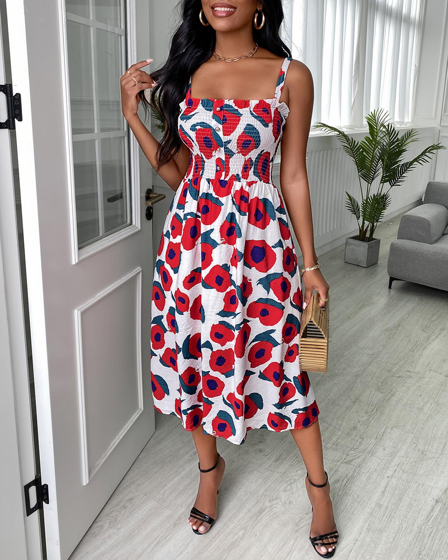 

Shirring Detail Frill Hem Buttoned All Over Print Dress, Style4