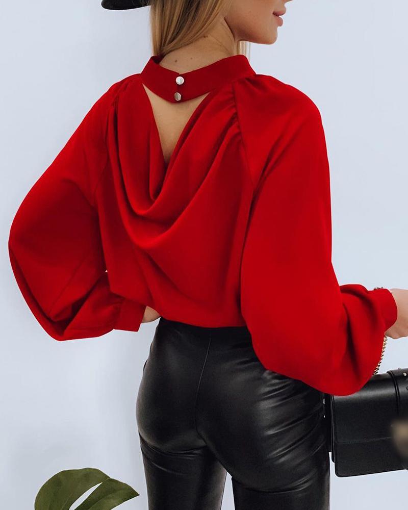 

Lantern Sleeve Draped Back Design Top, Red