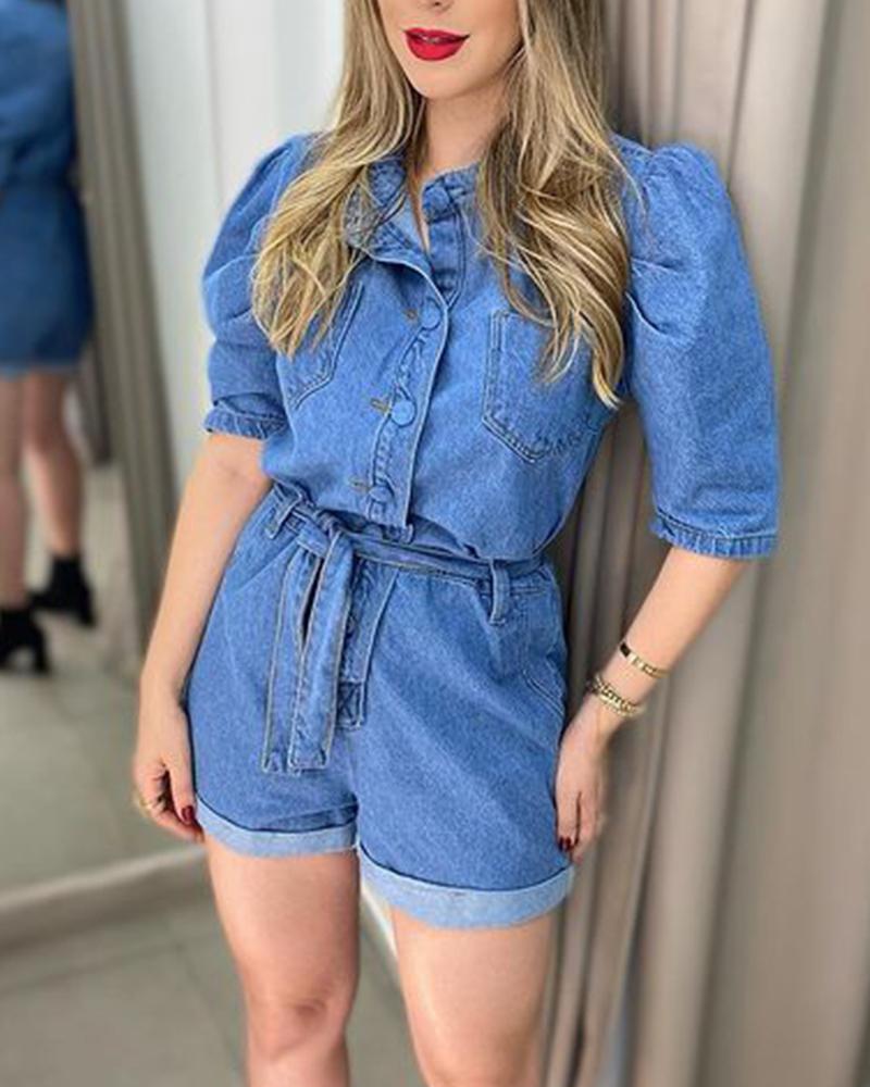 

Button Front Puff Sleeve Denim Romper With Belt, Blue