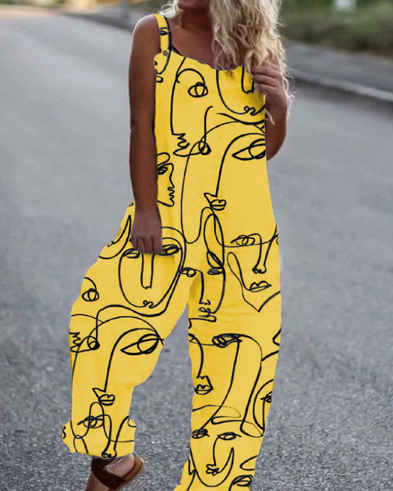

Figure Print Wide Leg Suspender Jumpsuit, Yellow