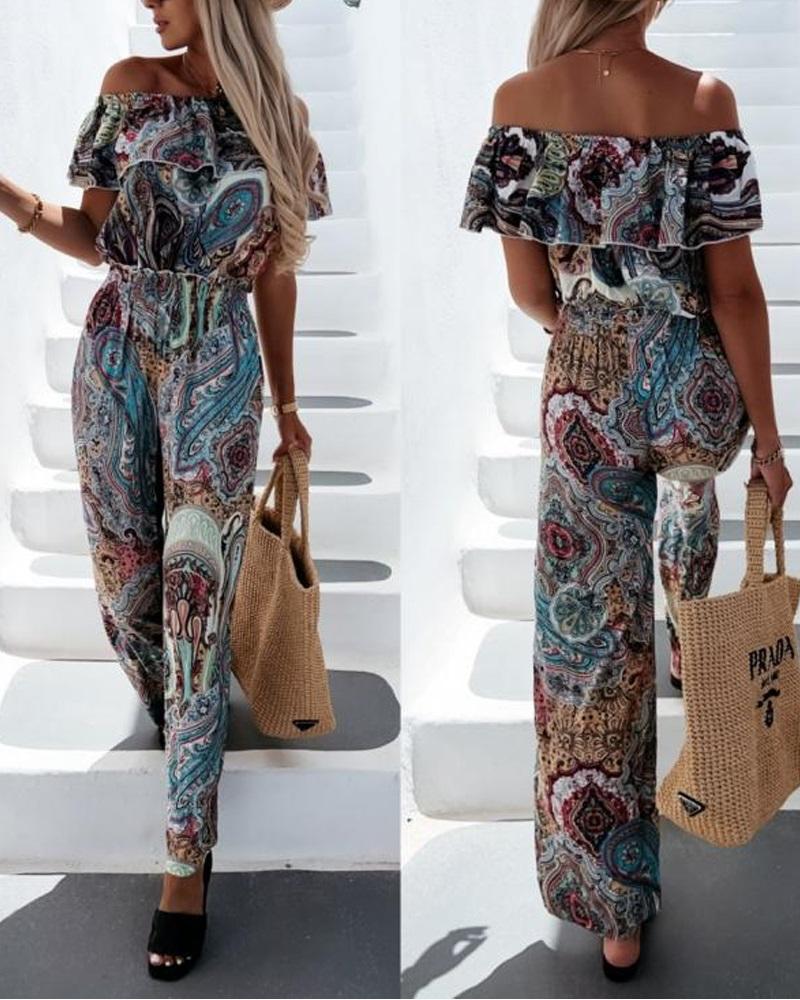 

Tribal Paisley Print Off Shoulder Ruffle Hem Jumpsuit, Blue