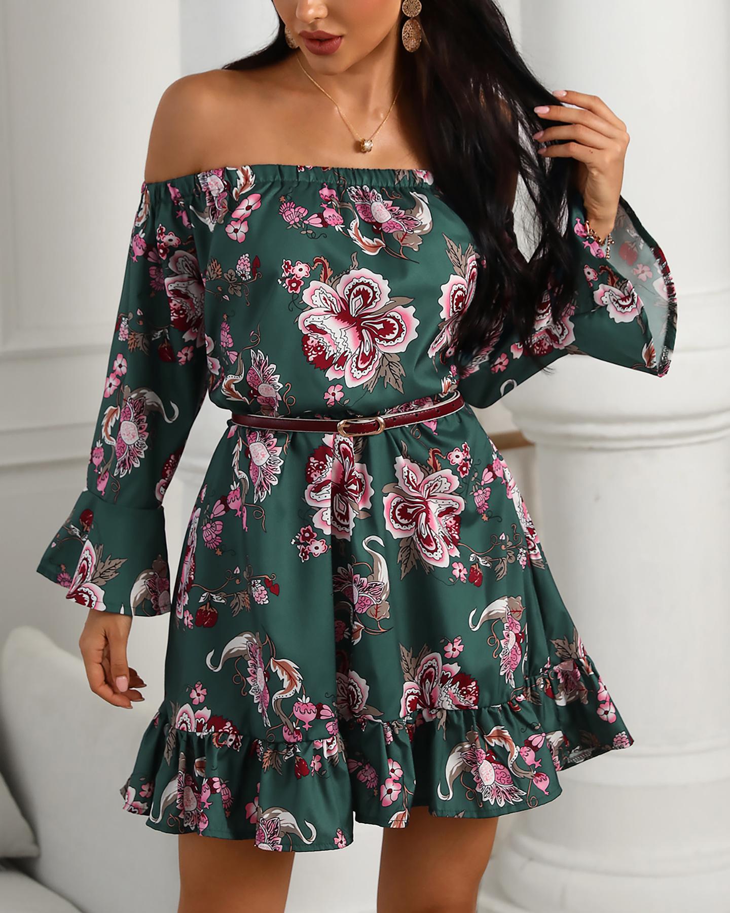 

Off Shoulder Floral Print Bell Sleeve Dress, Army green