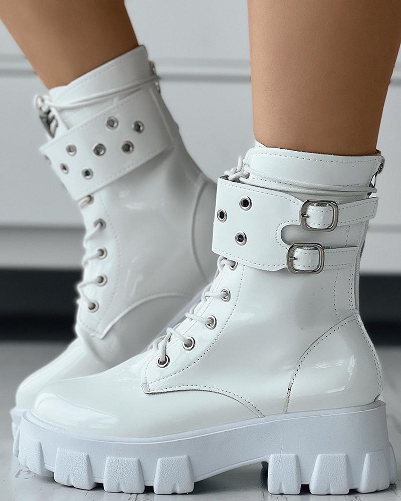 

Eyelet Buckled Martin Boots, White