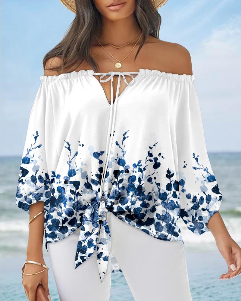 

Plants Print Tied Detail Off Shoulder Top, White