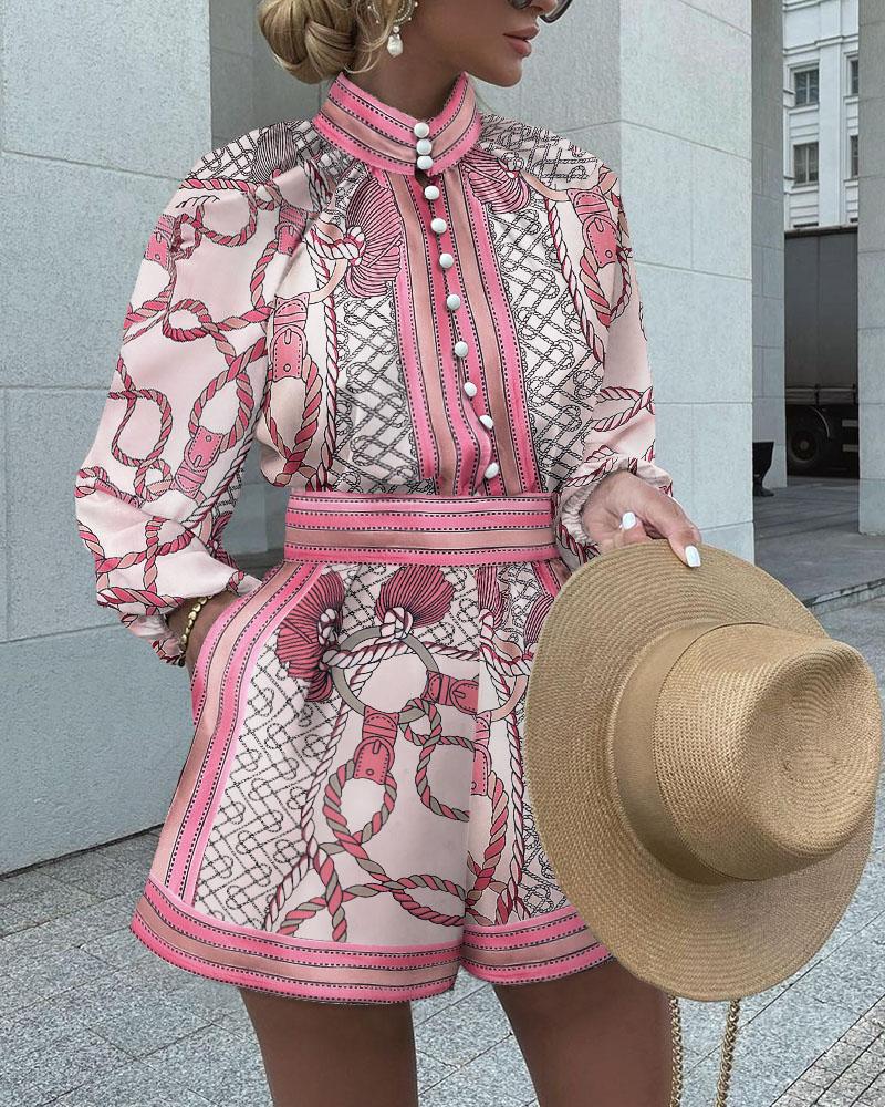 

Two Piece Sets Chain Print Button Front Long Sleeve Top & Shorts Set, Pink