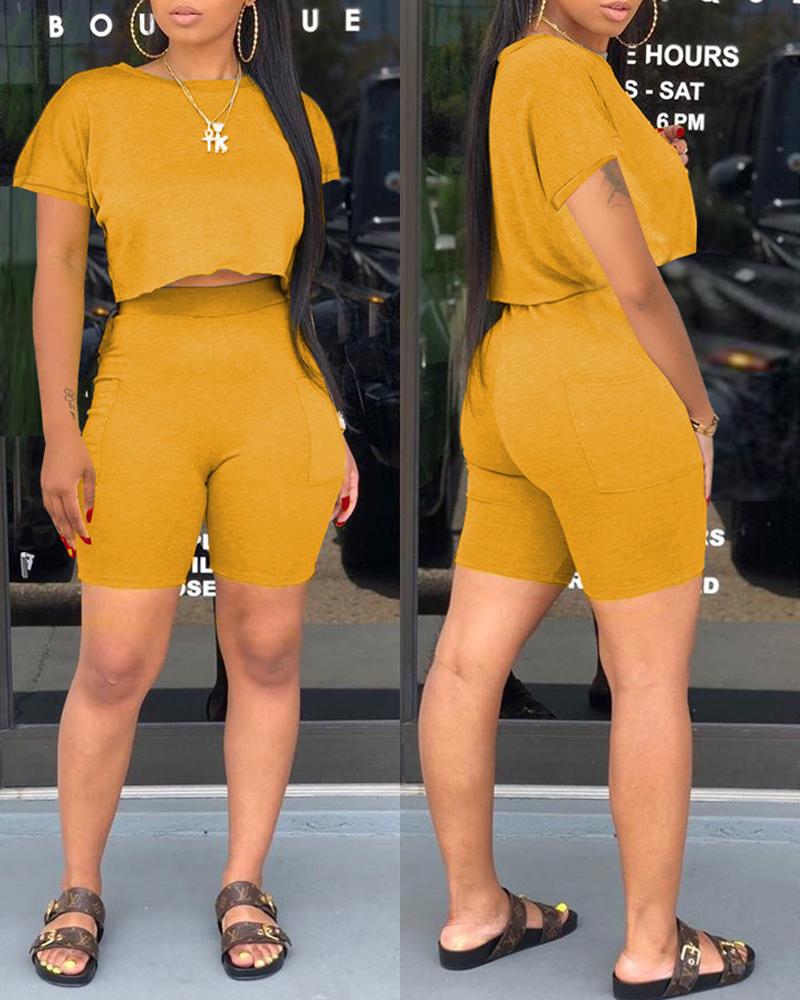 

Short Sleeve Top & High Waist Shorts Set, Yellow