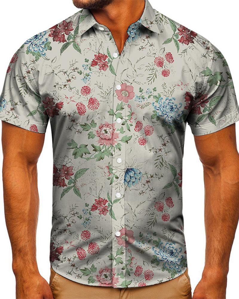 

Floral Print Short Sleeve Loose Button-up Shirts, Multicolor