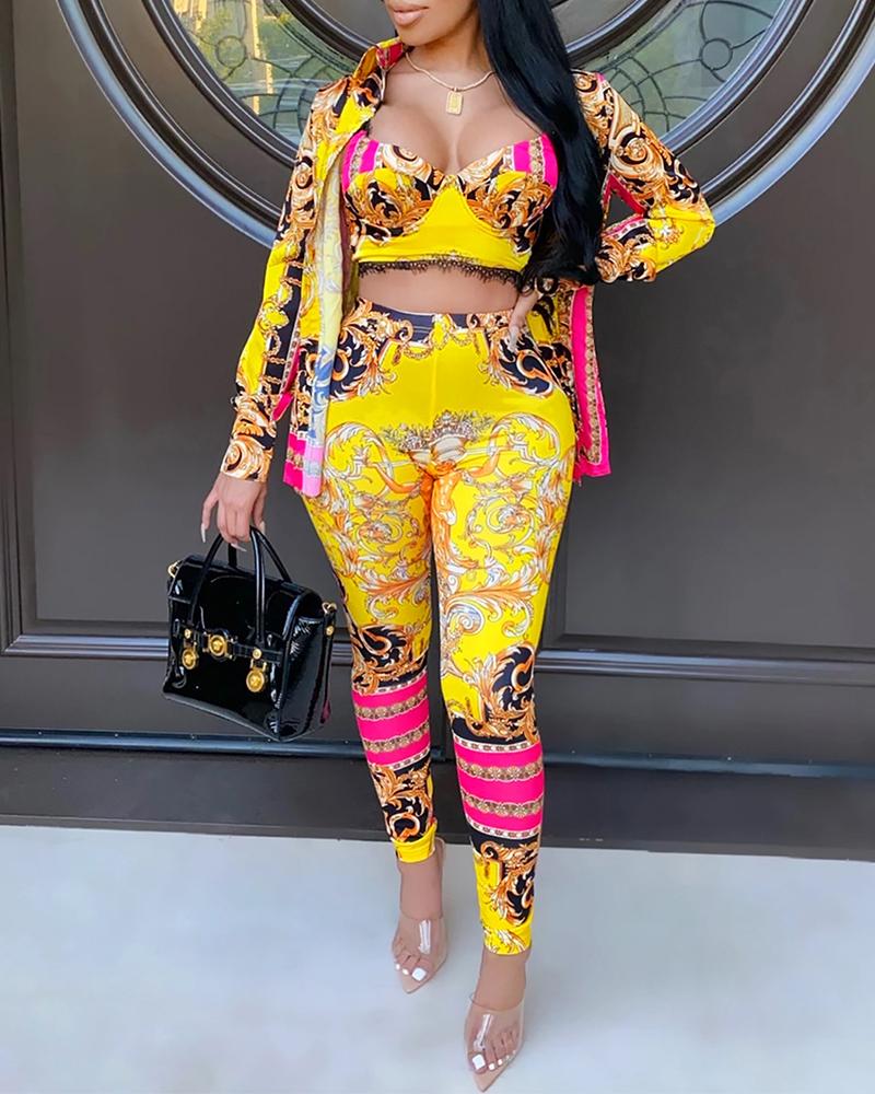 

Scarf Print Contrast Lace Crop Top & Pants With Coat Set, Yellow