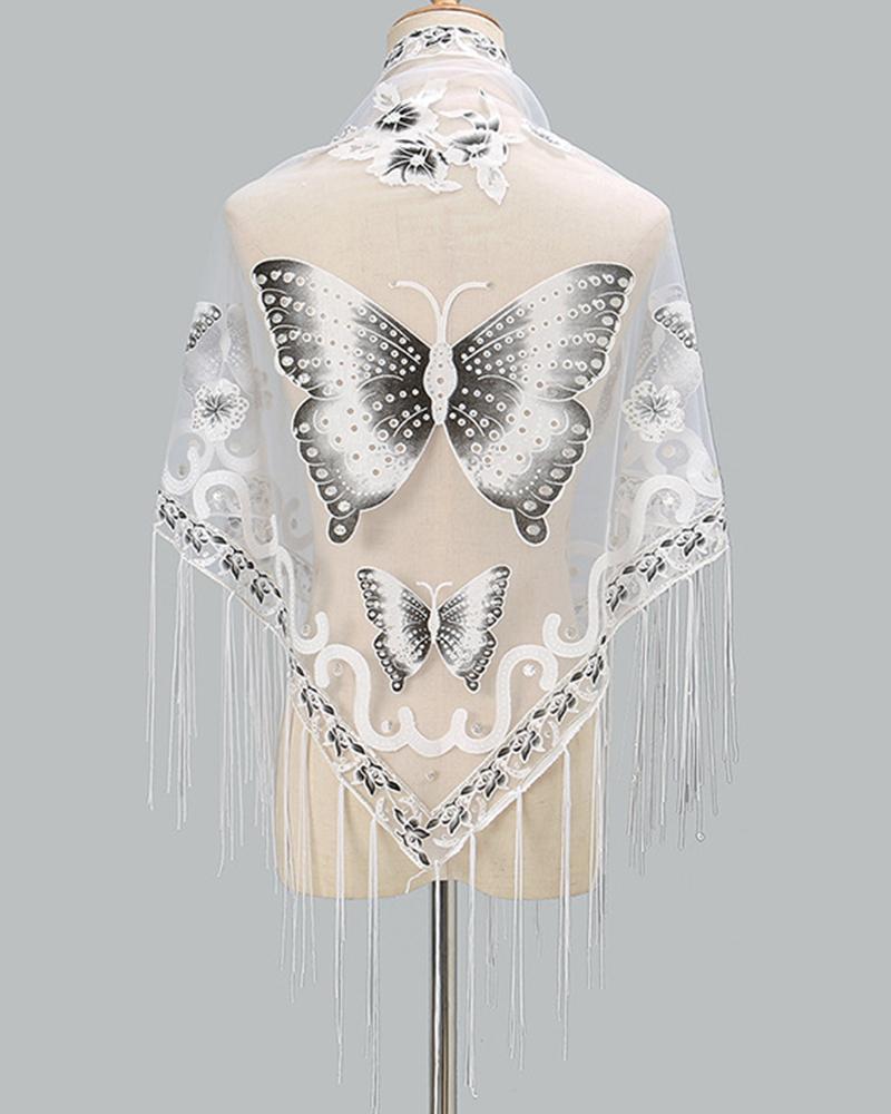 

Triangle Scarf Butterfly Flower Embroidery Lace Tassel Shawl Elegant Breathable Windproof Wrap Outdoor Accessories, White