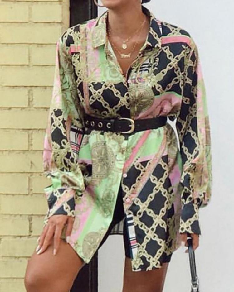 

Metallic Chains Print Button Up Shirt Dress, Multicolor