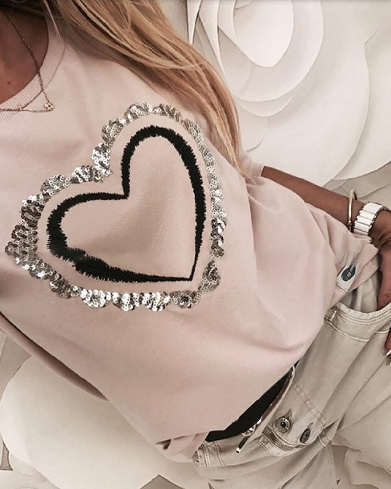 

Sequins Decor Heart Print Long Sleeve Casual Sweatshirt, Light pink