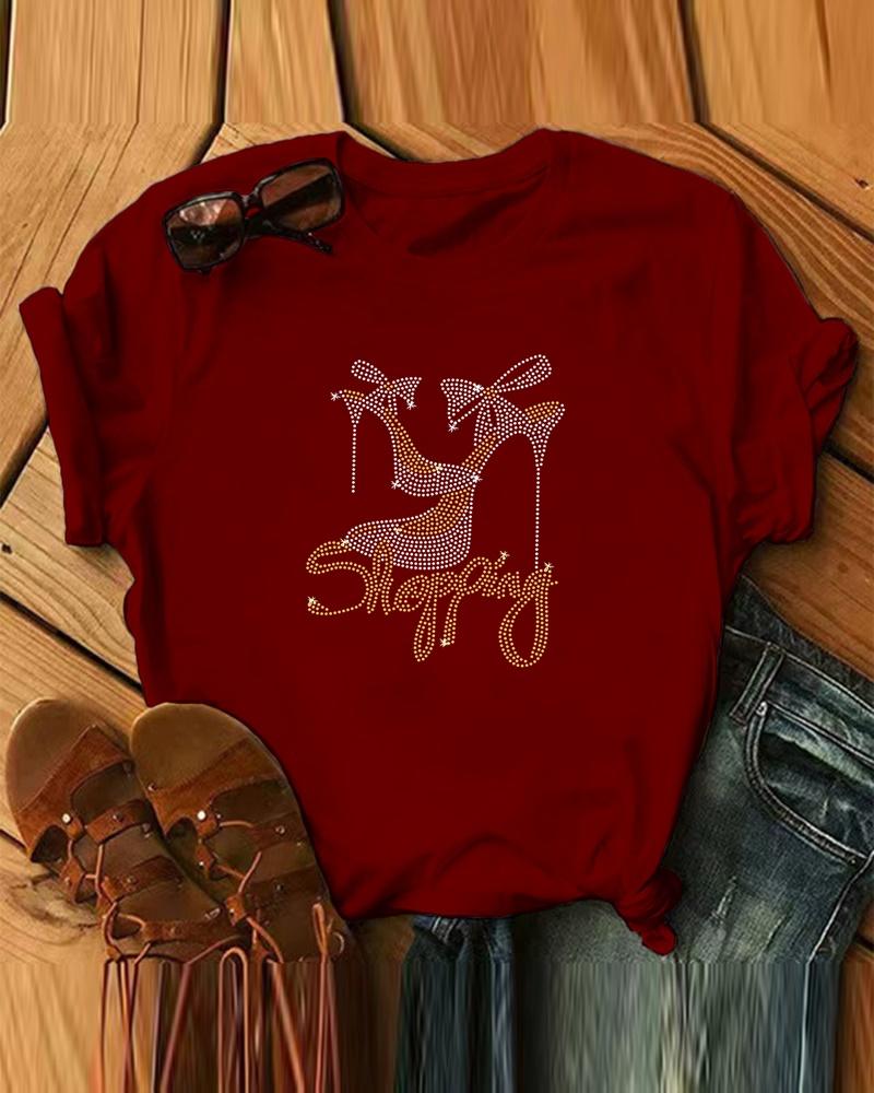 

Christmas Rhinestone Letter Heels Pattern Casual T-shirt, Wine red