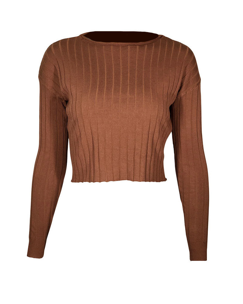 

Plain O-Neck Long Sleeve Crop Casual T-Shirt, Coffee