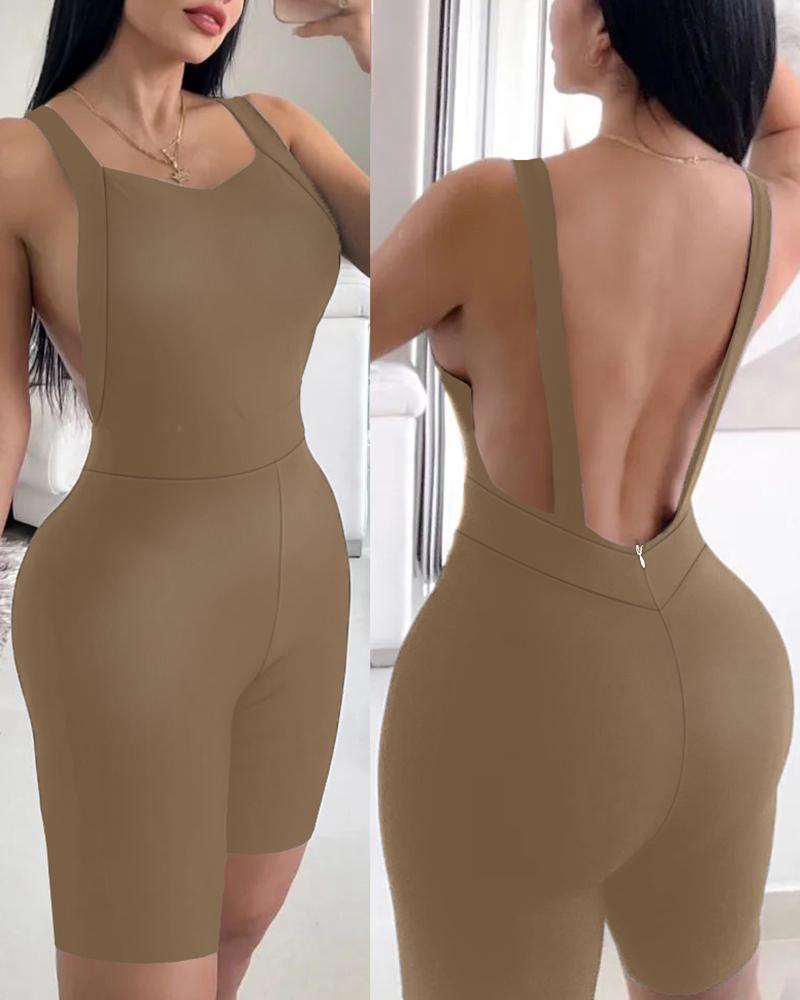 

Thick Strap Backless Zipper Design Romper, Khaki