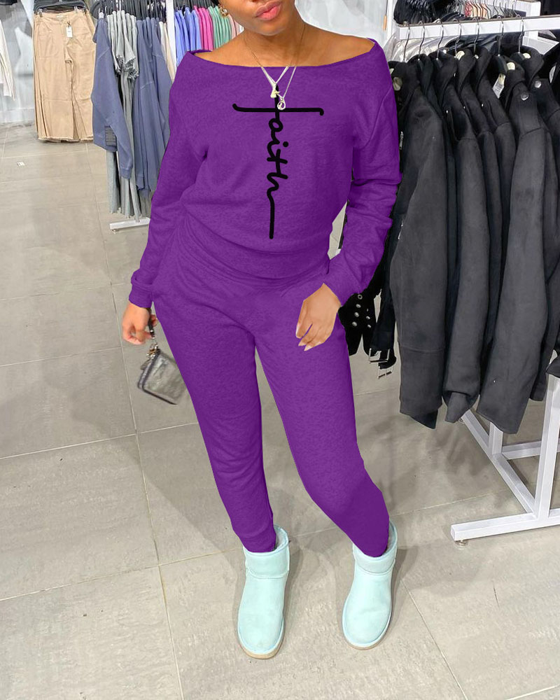 

Letter Print Long Sleeve Top & Pants Set, Purple