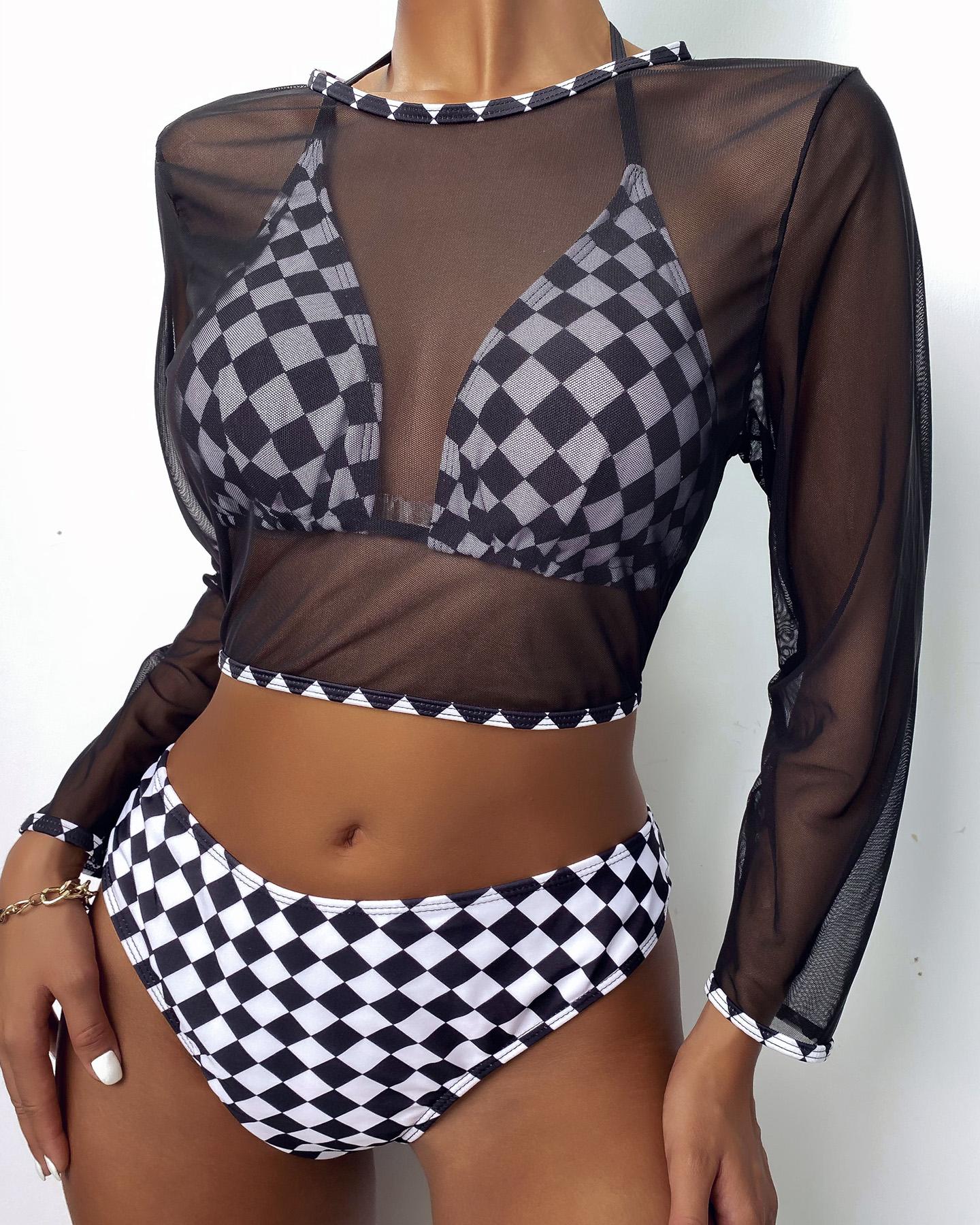 

Plaid Print Halter Backless Bikini Set With Sheer Mesh Cover Up, Black&white