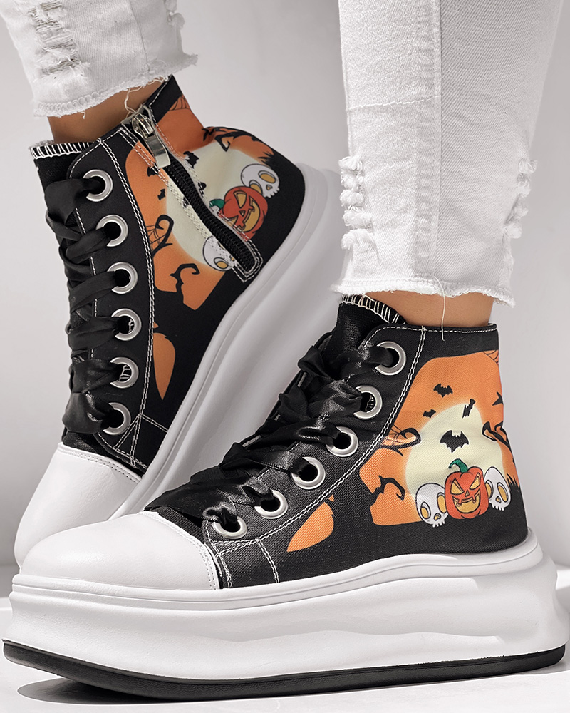 

Halloween Cartoon Print Colorblock Lace-up Sneakers, Black