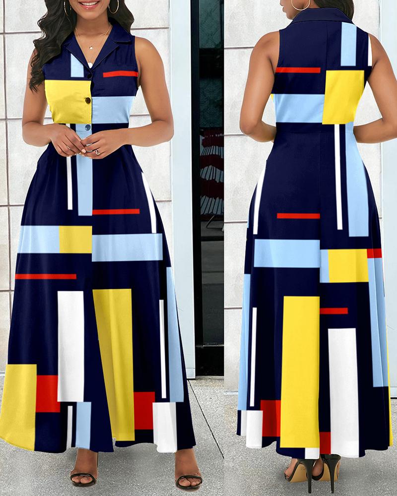 

Geometric Print Buttoned Maxi Dress, Blue
