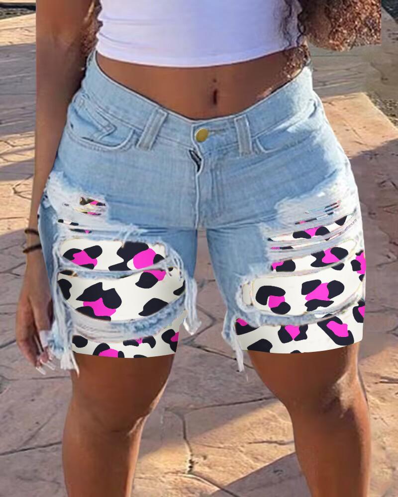 

Leopard Print Patchwork Ripped Denim Shorts, Blue