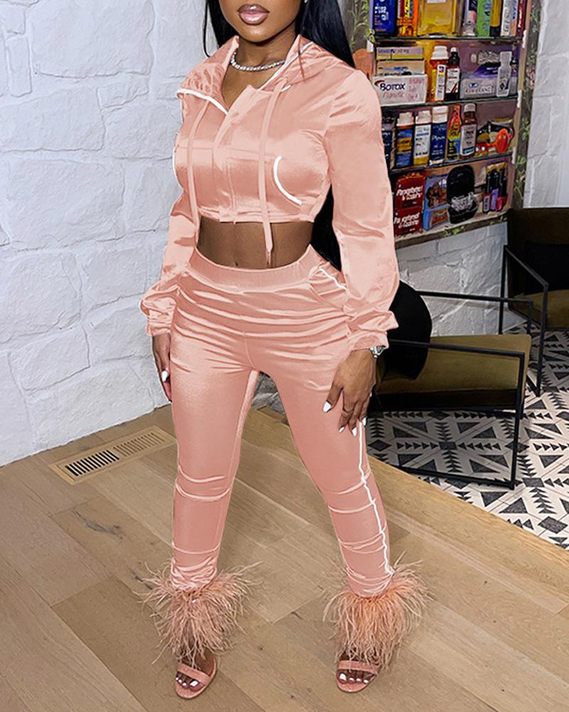 

Velvet Contrast Binding Zip Up Drawstring Crop Hoodie & Pants Set, Pink