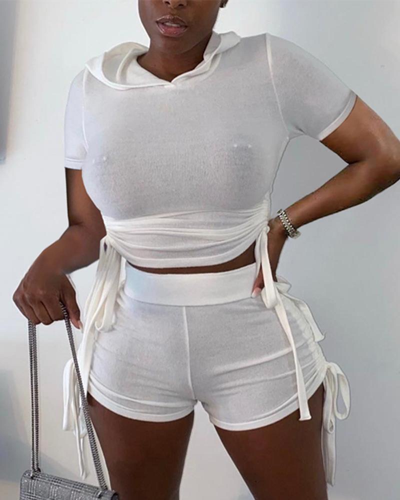 

Drawstring Ruched Hooded Crop Top & Shorts Set, White