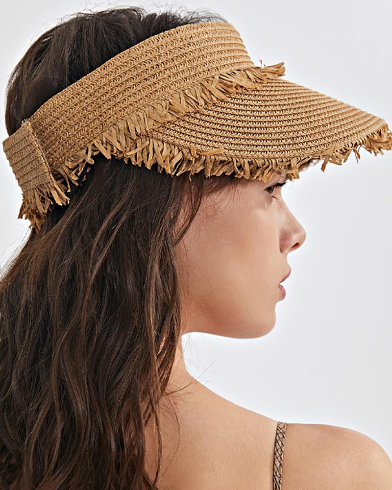 

Fringe Trim Straw Half Baseball Cap, Khaki