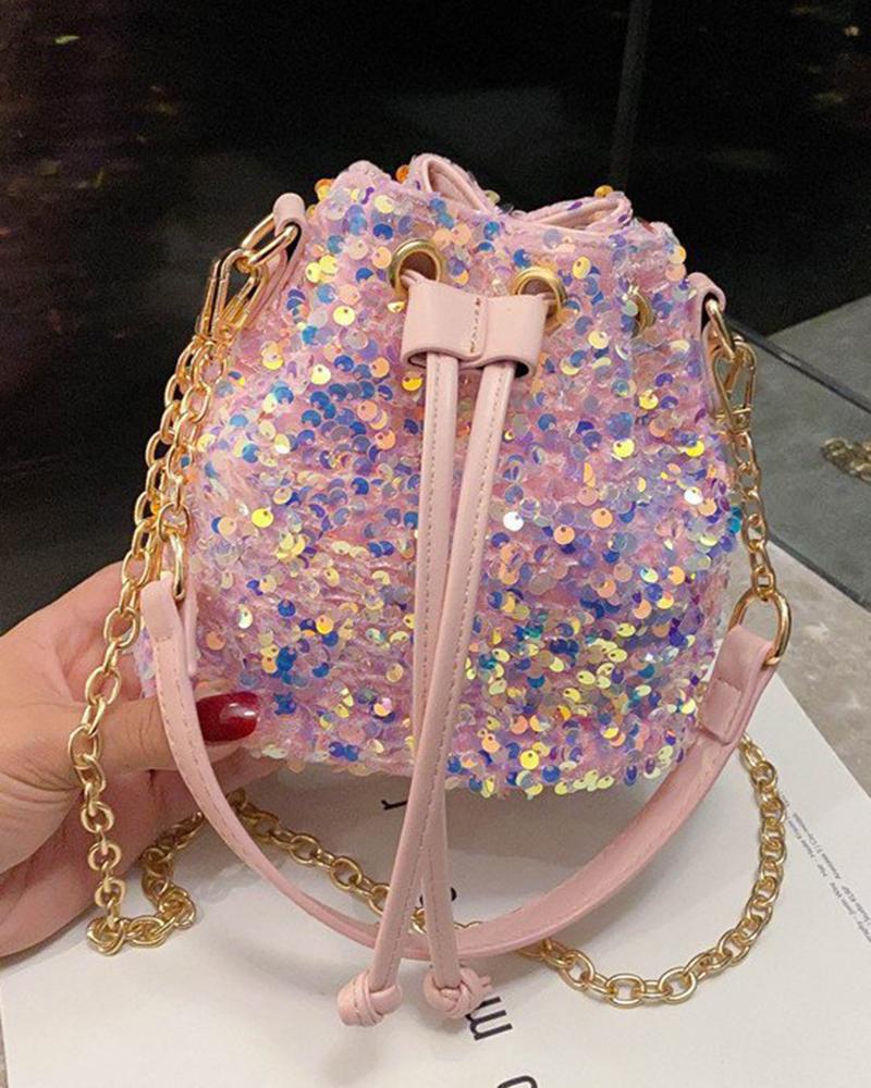 

Allover Sequin Drawstring Bucket Bag, Pink