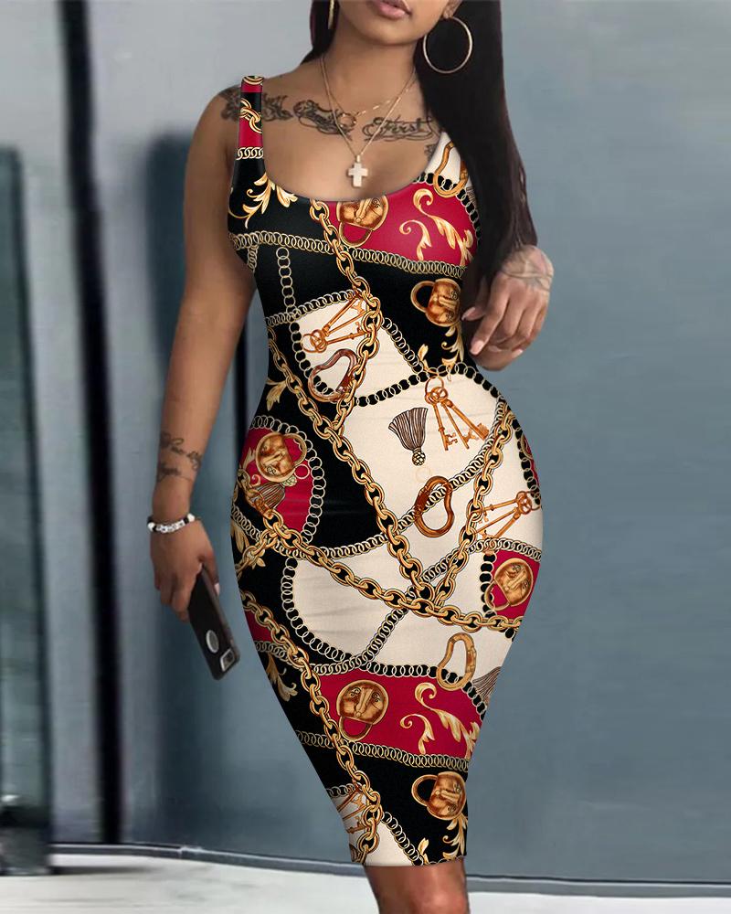 

Scarf Chain Print Sleeveless U-Neck Bodycon Dress, Multicolor