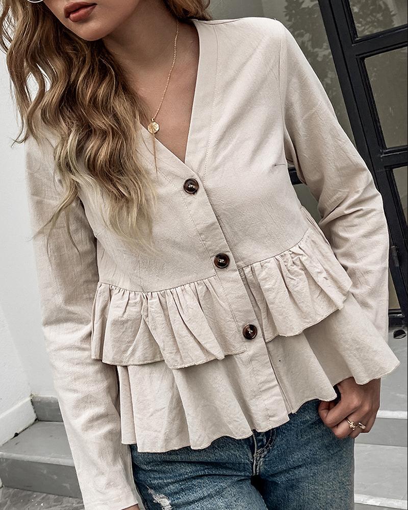 

Ruffle Hem Button Design Long Sleeve Top, Khaki