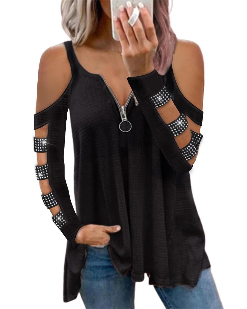 

Rhinestone Ladder Cutout Cold Shoulder Top, Black