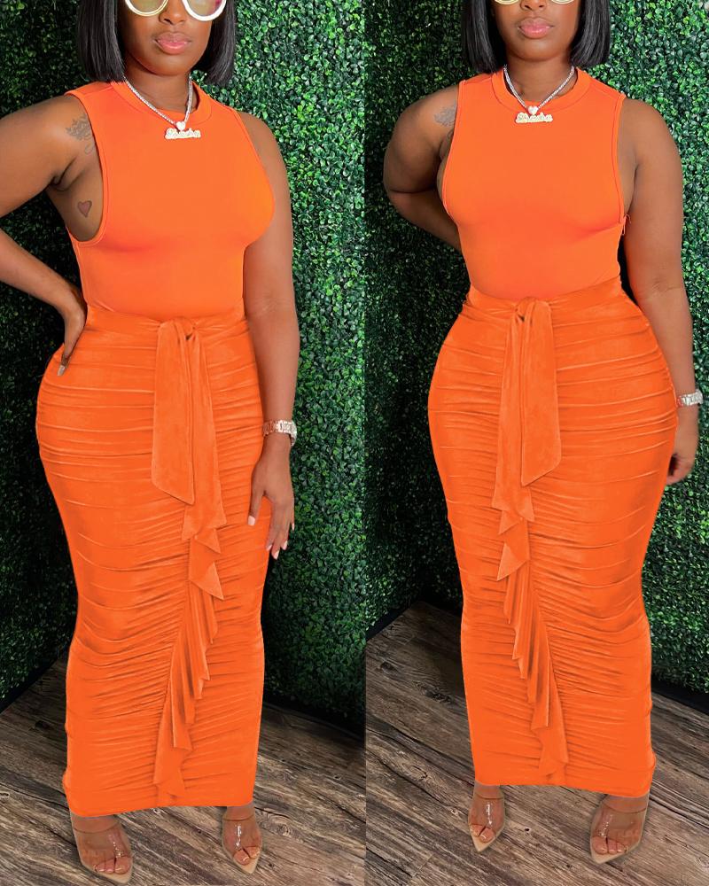 

Plain Tank Top & Ruffle Trim Ruched Skirt Set, Orange