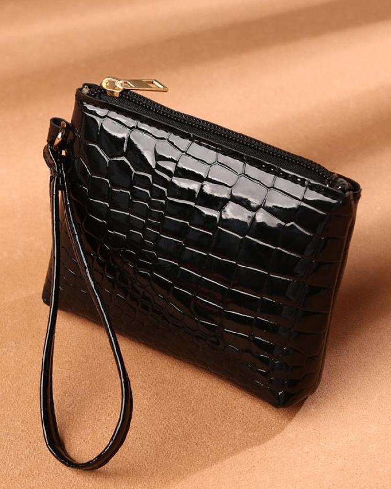 

Croc Embossed Zipper Design Clutch Bag, Black