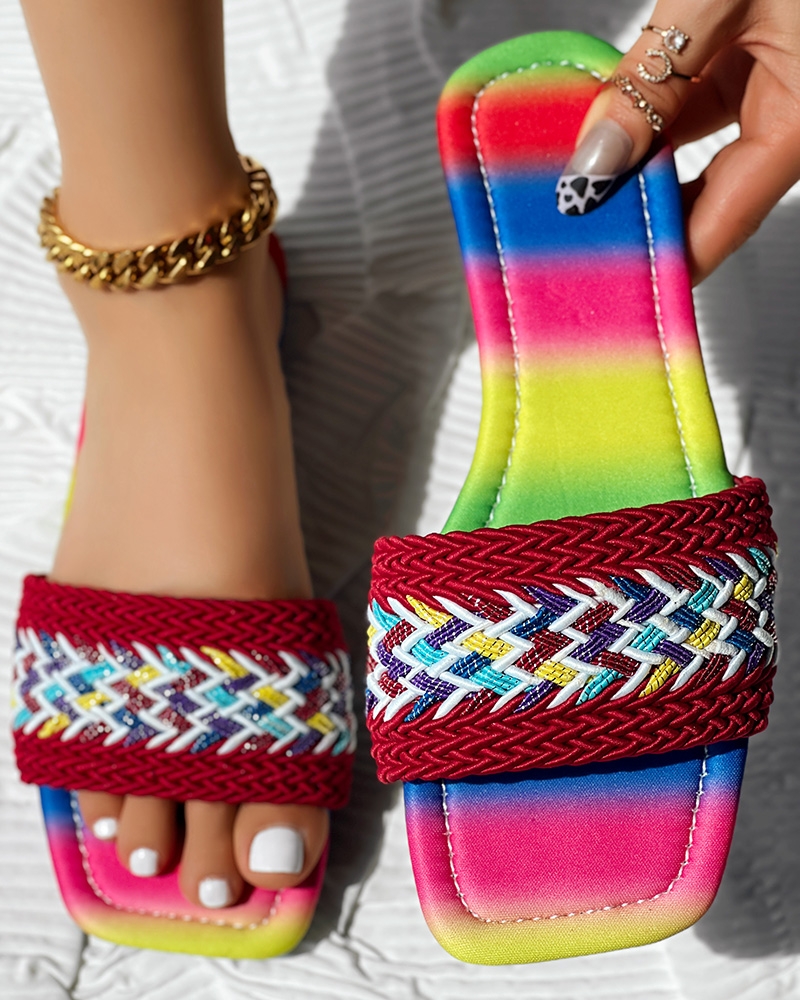 

Rainbow Ombre Colorblock Braided Boho Slippers, Red