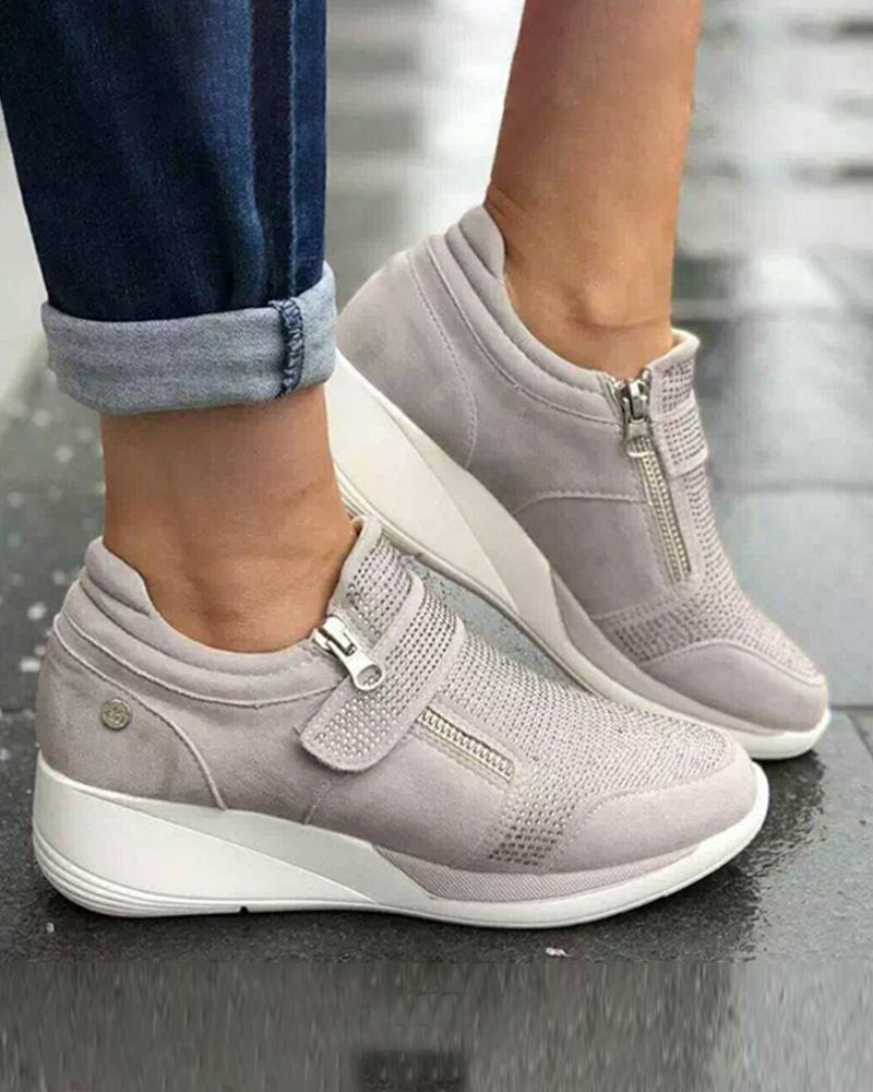 

Zipper Design Velcro Wedge Sneakers, Gray