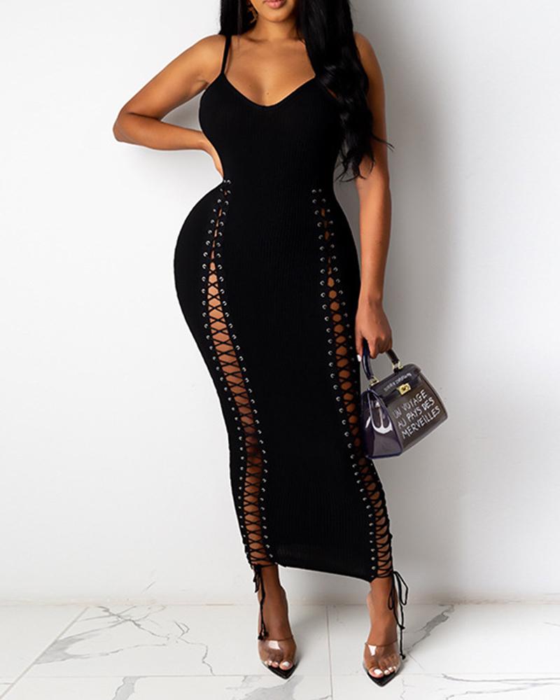 

Solid Color Lace Up Side Ribbed Bodycon Cami Dress, Black